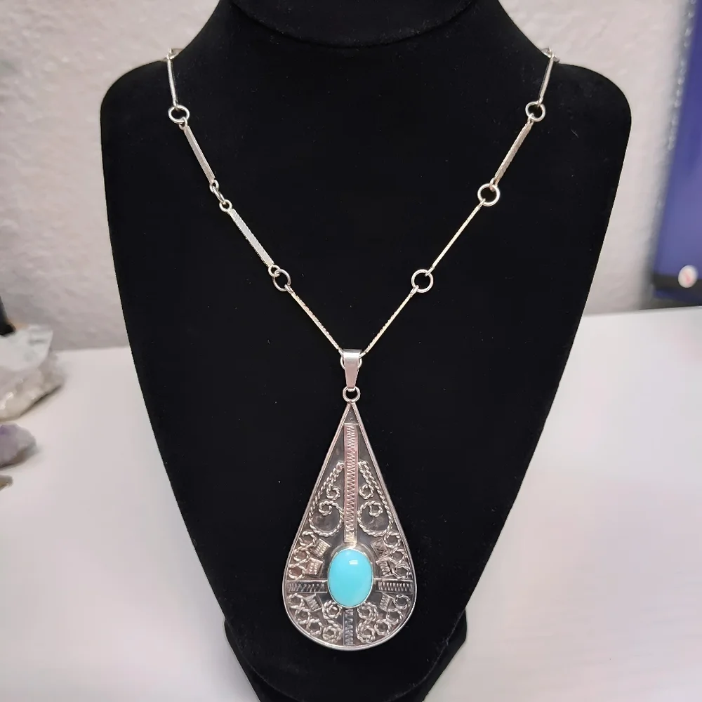 Vintage MEXICO Sterling Silver REYGO Turquoise Tear Drop Pendant Necklace 23.5" - Picture 12 of 12